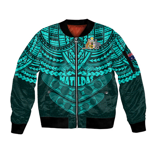 custom-matildas-soccer-sleeve-zip-bomber-jacket-polynesian-and-aboriginal-turquoise-vibe
