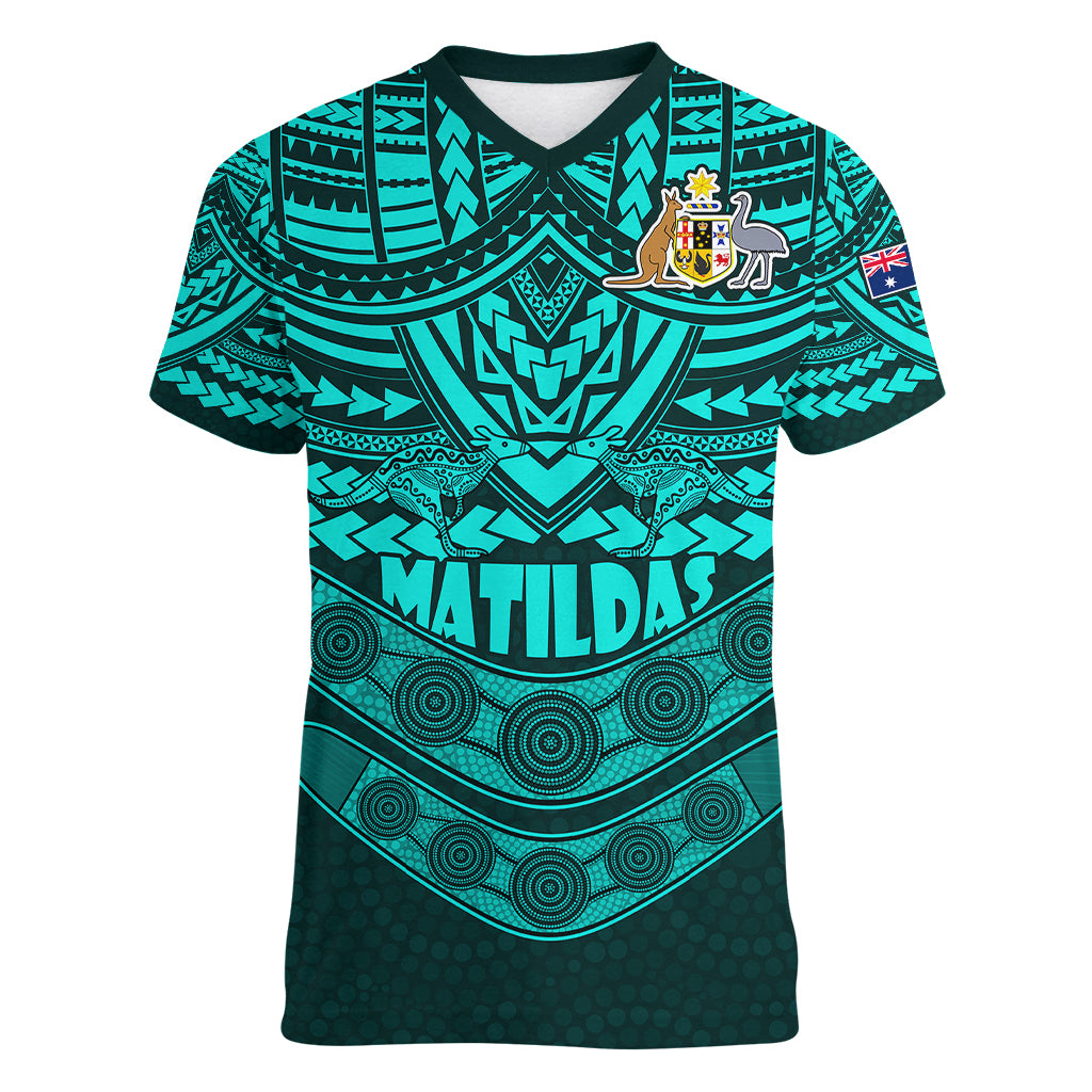 custom-matildas-soccer-women-v-neck-t-shirt-polynesian-and-aboriginal-turquoise-vibe