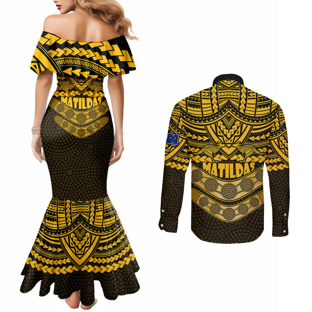 matildas-soccer-couples-matching-mermaid-dress-and-long-sleeve-button-shirts-polynesian-and-aboriginal-gold-vibe