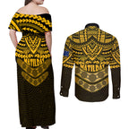 matildas-soccer-couples-matching-off-shoulder-maxi-dress-and-long-sleeve-button-shirts-polynesian-and-aboriginal-gold-vibe