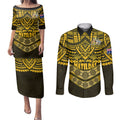 matildas-soccer-couples-matching-puletasi-dress-and-long-sleeve-button-shirts-polynesian-and-aboriginal-gold-vibe