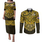 matildas-soccer-couples-matching-puletasi-dress-and-long-sleeve-button-shirts-polynesian-and-aboriginal-gold-vibe