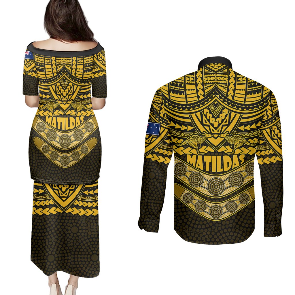 matildas-soccer-couples-matching-puletasi-dress-and-long-sleeve-button-shirts-polynesian-and-aboriginal-gold-vibe