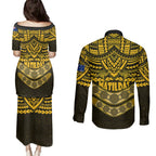 matildas-soccer-couples-matching-puletasi-dress-and-long-sleeve-button-shirts-polynesian-and-aboriginal-gold-vibe