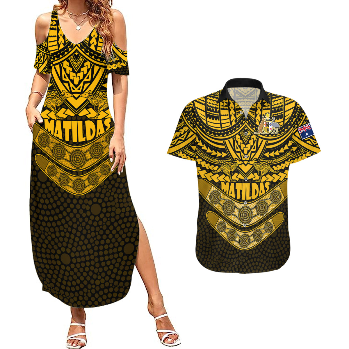 matildas-soccer-couples-matching-summer-maxi-dress-and-hawaiian-shirt-polynesian-and-aboriginal-gold-vibe