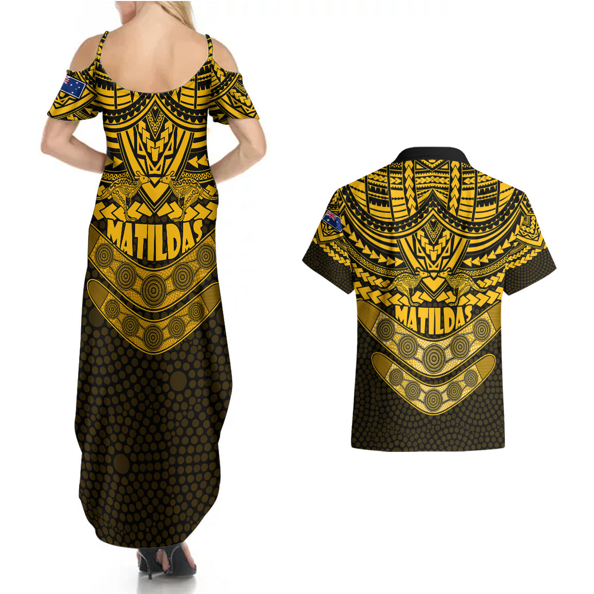 matildas-soccer-couples-matching-summer-maxi-dress-and-hawaiian-shirt-polynesian-and-aboriginal-gold-vibe