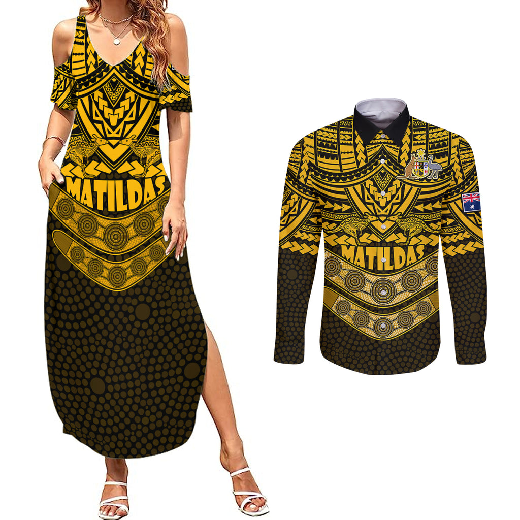 matildas-soccer-couples-matching-summer-maxi-dress-and-long-sleeve-button-shirts-polynesian-and-aboriginal-gold-vibe
