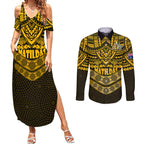 matildas-soccer-couples-matching-summer-maxi-dress-and-long-sleeve-button-shirts-polynesian-and-aboriginal-gold-vibe