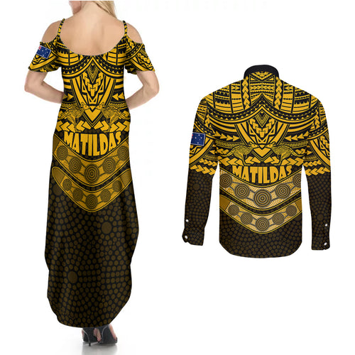 matildas-soccer-couples-matching-summer-maxi-dress-and-long-sleeve-button-shirts-polynesian-and-aboriginal-gold-vibe