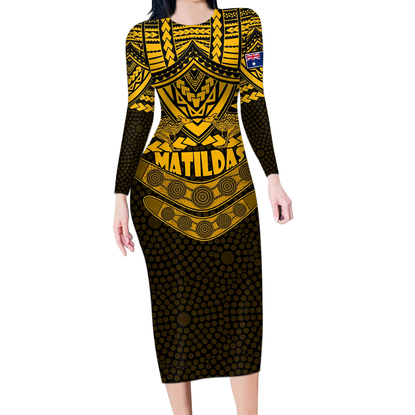 matildas-soccer-long-sleeve-bodycon-dress-polynesian-and-aboriginal-gold-vibe