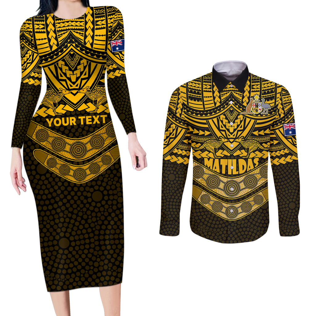 custom-matildas-soccer-couples-matching-long-sleeve-bodycon-dress-and-long-sleeve-button-shirts-polynesian-and-aboriginal-gold-vibe