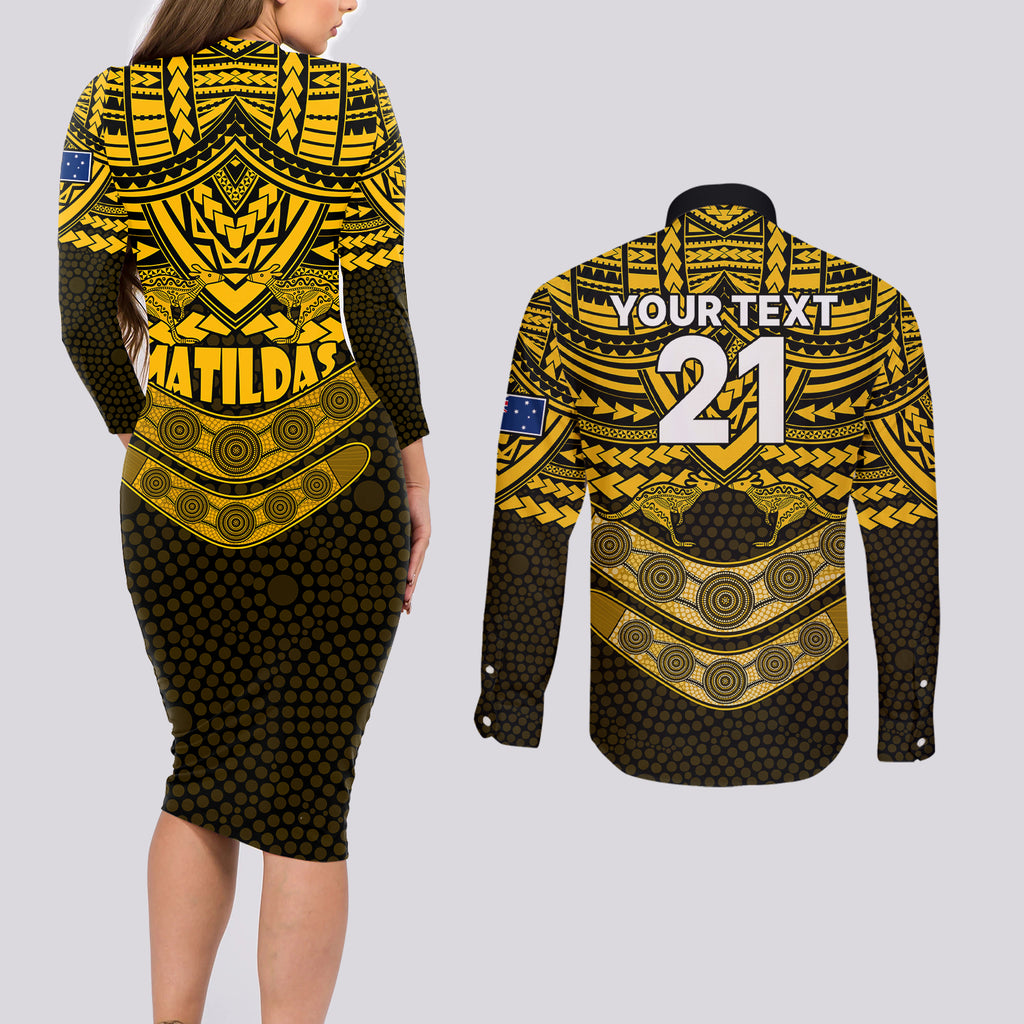custom-matildas-soccer-couples-matching-long-sleeve-bodycon-dress-and-long-sleeve-button-shirts-polynesian-and-aboriginal-gold-vibe