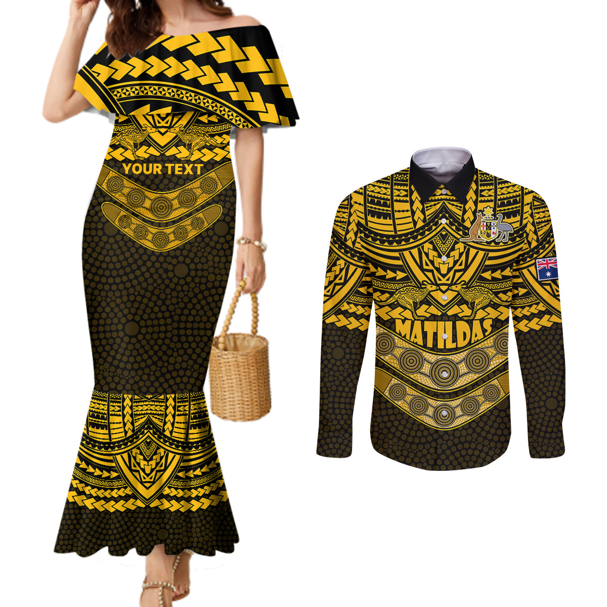 custom-matildas-soccer-couples-matching-mermaid-dress-and-long-sleeve-button-shirts-polynesian-and-aboriginal-gold-vibe