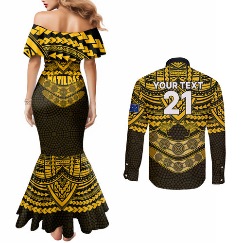 custom-matildas-soccer-couples-matching-mermaid-dress-and-long-sleeve-button-shirts-polynesian-and-aboriginal-gold-vibe