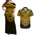 custom-matildas-soccer-couples-matching-off-shoulder-maxi-dress-and-hawaiian-shirt-polynesian-and-aboriginal-gold-vibe