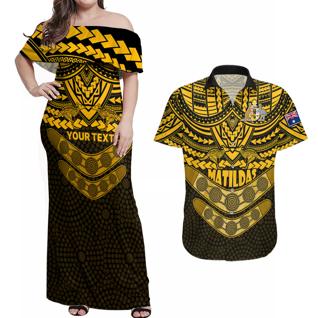 custom-matildas-soccer-couples-matching-off-shoulder-maxi-dress-and-hawaiian-shirt-polynesian-and-aboriginal-gold-vibe