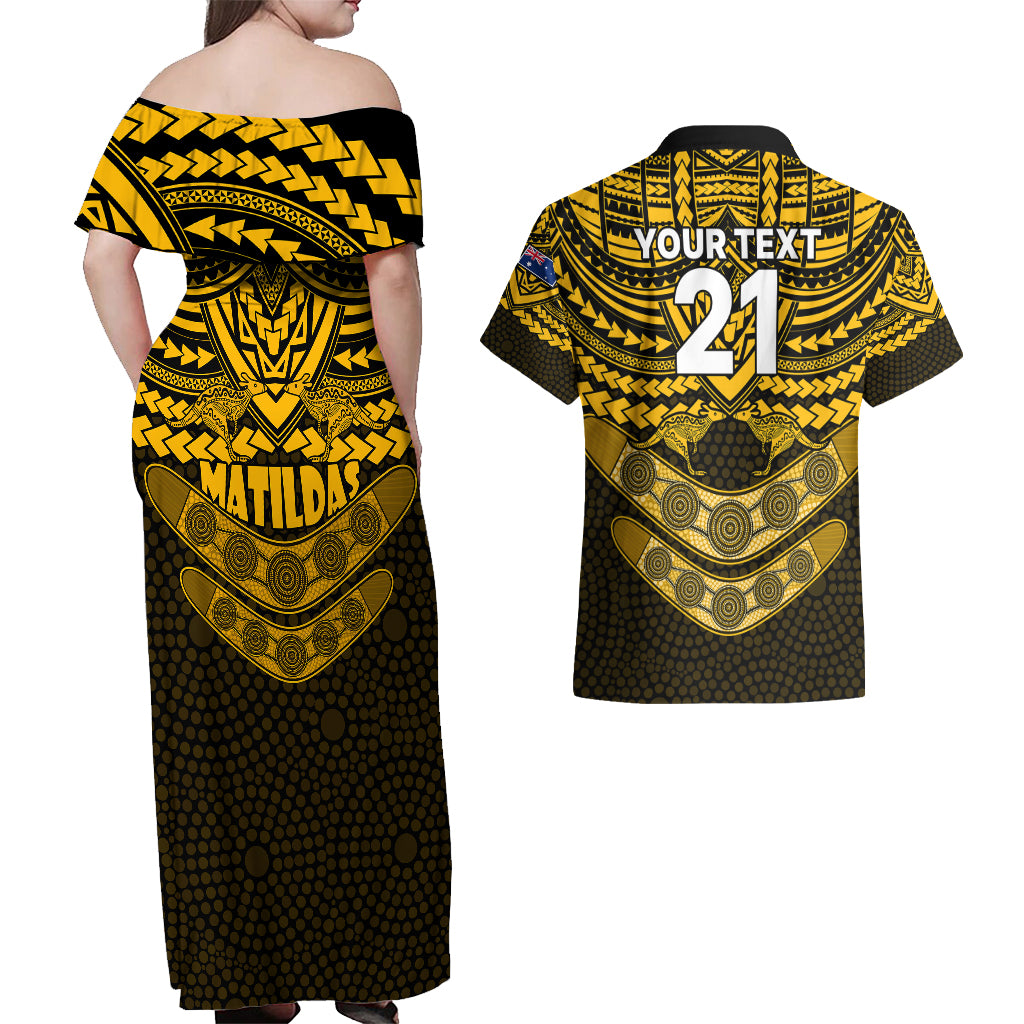 custom-matildas-soccer-couples-matching-off-shoulder-maxi-dress-and-hawaiian-shirt-polynesian-and-aboriginal-gold-vibe