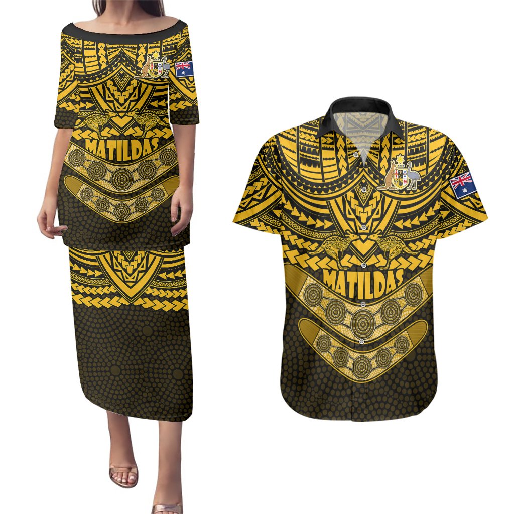 custom-matildas-soccer-couples-matching-puletasi-dress-and-hawaiian-shirt-polynesian-and-aboriginal-gold-vibe