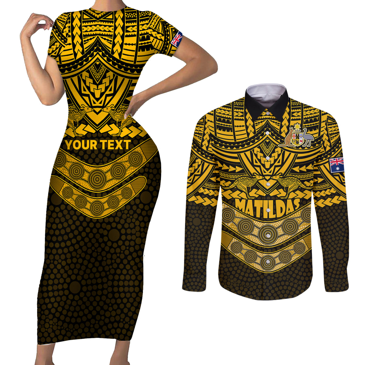 custom-matildas-soccer-couples-matching-short-sleeve-bodycon-dress-and-long-sleeve-button-shirts-polynesian-and-aboriginal-gold-vibe