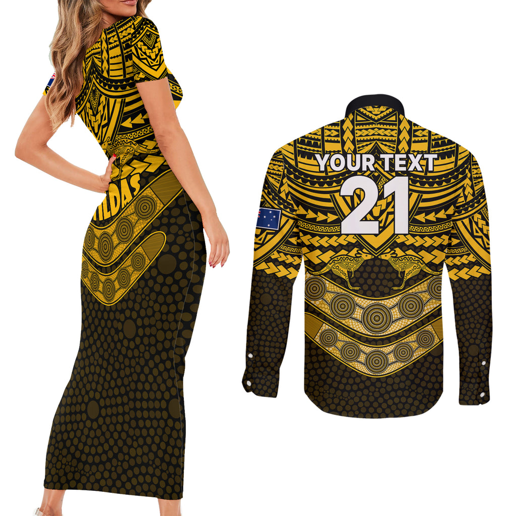 custom-matildas-soccer-couples-matching-short-sleeve-bodycon-dress-and-long-sleeve-button-shirts-polynesian-and-aboriginal-gold-vibe