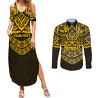 custom-matildas-soccer-couples-matching-summer-maxi-dress-and-long-sleeve-button-shirts-polynesian-and-aboriginal-gold-vibe