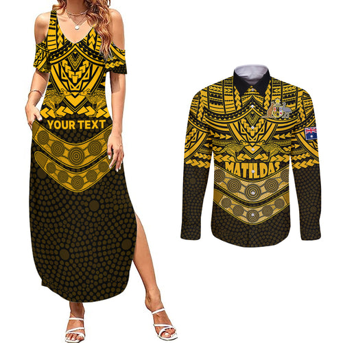 custom-matildas-soccer-couples-matching-summer-maxi-dress-and-long-sleeve-button-shirts-polynesian-and-aboriginal-gold-vibe