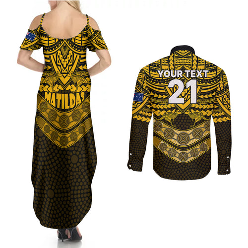 custom-matildas-soccer-couples-matching-summer-maxi-dress-and-long-sleeve-button-shirts-polynesian-and-aboriginal-gold-vibe