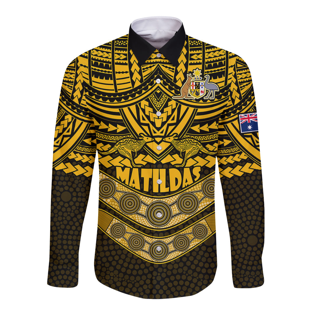 custom-matildas-soccer-long-sleeve-button-shirt-polynesian-and-aboriginal-gold-vibe