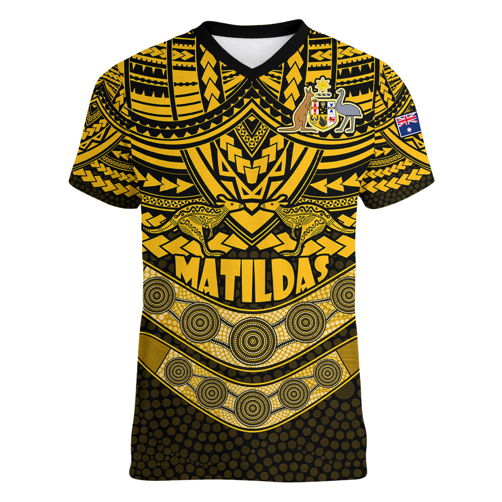 custom-matildas-soccer-women-v-neck-t-shirt-polynesian-and-aboriginal-gold-vibe