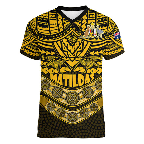 custom-matildas-soccer-women-v-neck-t-shirt-polynesian-and-aboriginal-gold-vibe