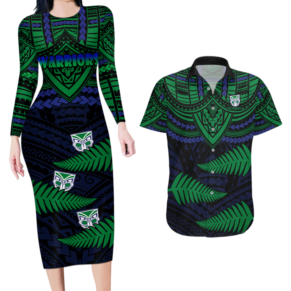 warriors-rugby-couples-matching-long-sleeve-bodycon-dress-and-hawaiian-shirt-aotearoa-fern-polynesian-pattern