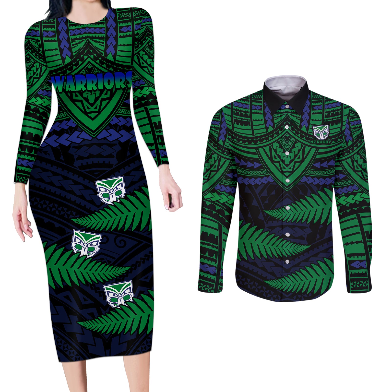 warriors-rugby-couples-matching-long-sleeve-bodycon-dress-and-long-sleeve-button-shirts-aotearoa-fern-polynesian-pattern