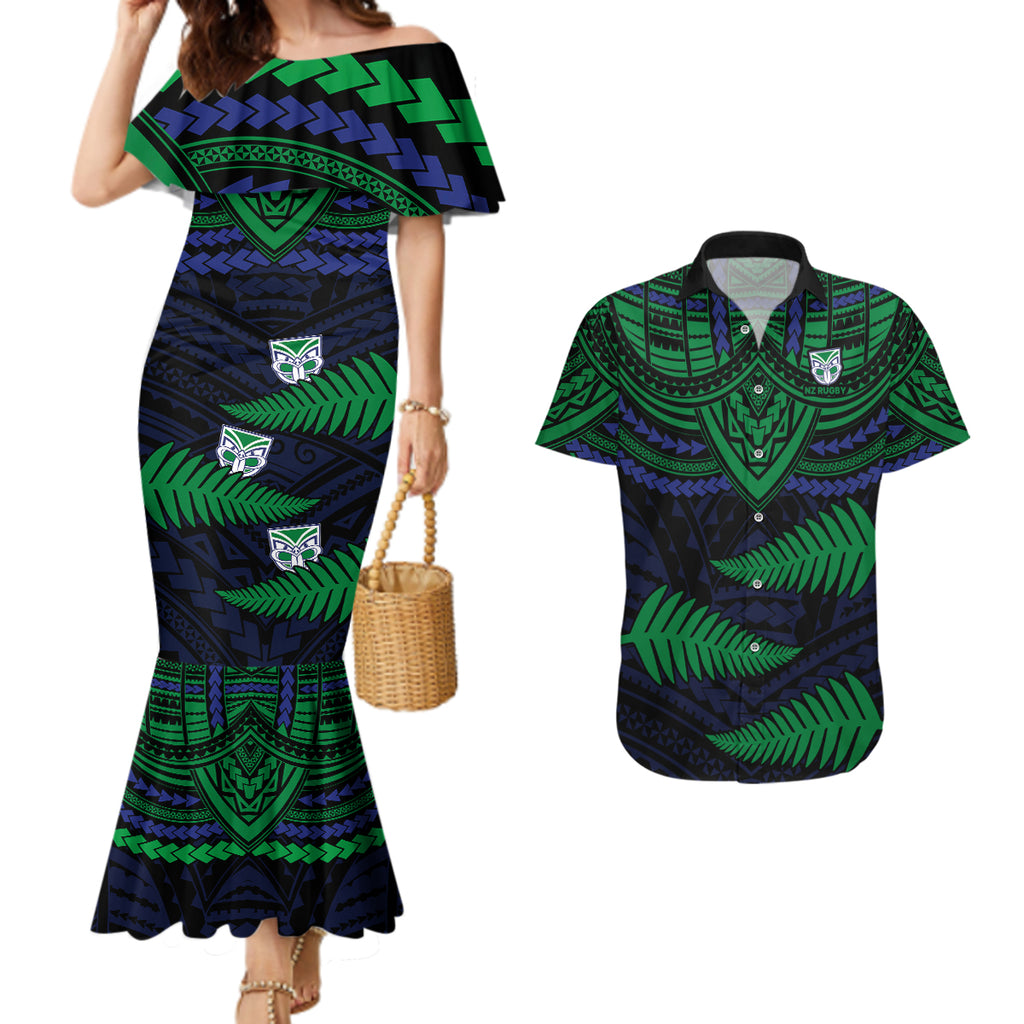 warriors-rugby-couples-matching-mermaid-dress-and-hawaiian-shirt-aotearoa-fern-polynesian-pattern