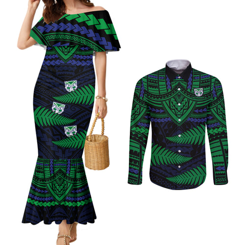 warriors-rugby-couples-matching-mermaid-dress-and-long-sleeve-button-shirts-aotearoa-fern-polynesian-pattern