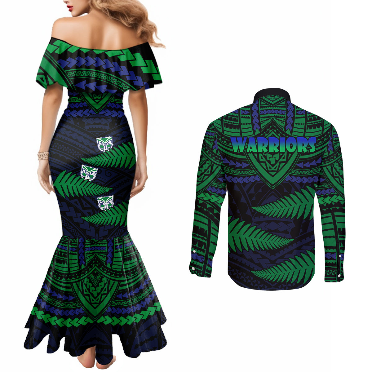 warriors-rugby-couples-matching-mermaid-dress-and-long-sleeve-button-shirts-aotearoa-fern-polynesian-pattern