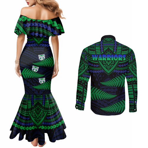 warriors-rugby-couples-matching-mermaid-dress-and-long-sleeve-button-shirts-aotearoa-fern-polynesian-pattern