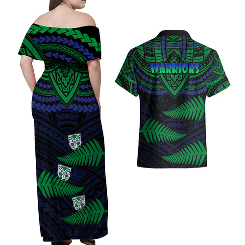 warriors-rugby-couples-matching-off-shoulder-maxi-dress-and-hawaiian-shirt-aotearoa-fern-polynesian-pattern