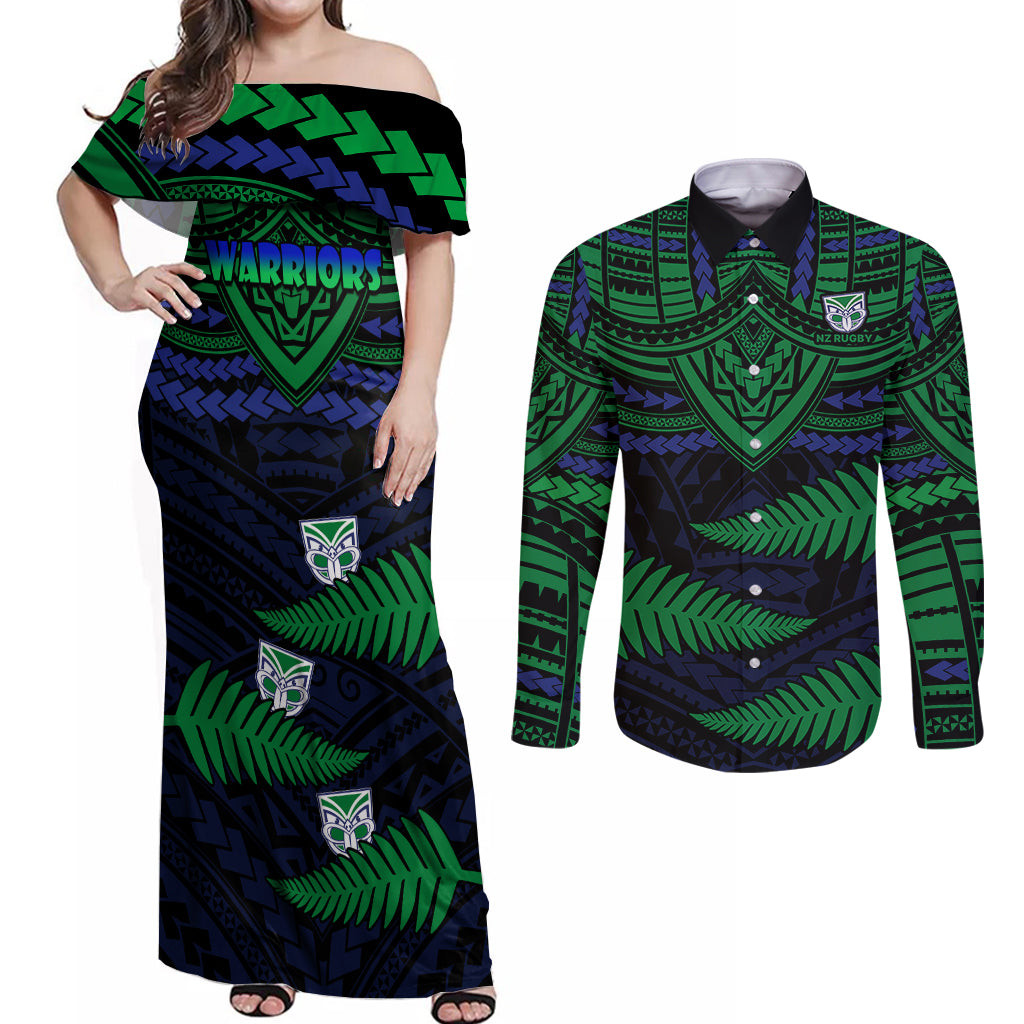 warriors-rugby-couples-matching-off-shoulder-maxi-dress-and-long-sleeve-button-shirts-aotearoa-fern-polynesian-pattern