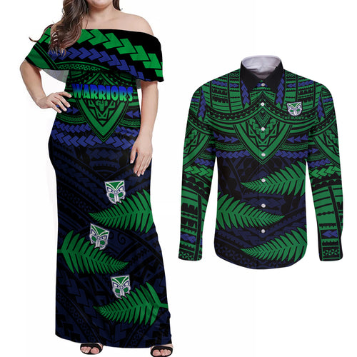 warriors-rugby-couples-matching-off-shoulder-maxi-dress-and-long-sleeve-button-shirts-aotearoa-fern-polynesian-pattern