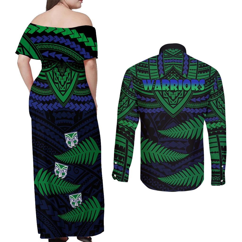 warriors-rugby-couples-matching-off-shoulder-maxi-dress-and-long-sleeve-button-shirts-aotearoa-fern-polynesian-pattern
