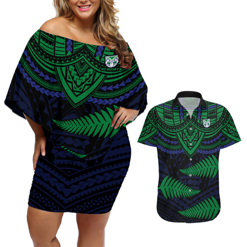 warriors-rugby-couples-matching-off-shoulder-short-dress-and-hawaiian-shirt-aotearoa-fern-polynesian-pattern