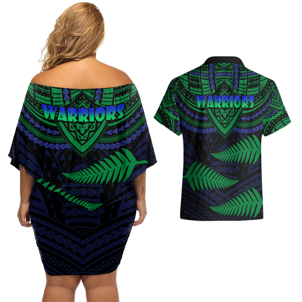 warriors-rugby-couples-matching-off-shoulder-short-dress-and-hawaiian-shirt-aotearoa-fern-polynesian-pattern