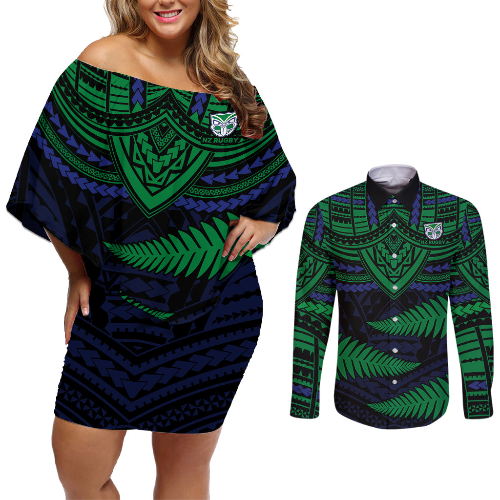 warriors-rugby-couples-matching-off-shoulder-short-dress-and-long-sleeve-button-shirts-aotearoa-fern-polynesian-pattern