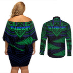 warriors-rugby-couples-matching-off-shoulder-short-dress-and-long-sleeve-button-shirts-aotearoa-fern-polynesian-pattern