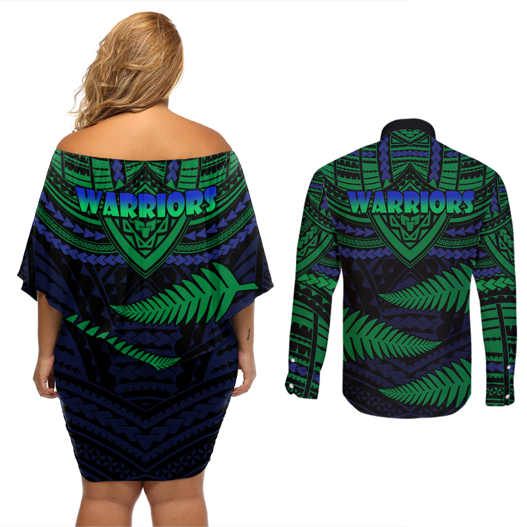 warriors-rugby-couples-matching-off-shoulder-short-dress-and-long-sleeve-button-shirts-aotearoa-fern-polynesian-pattern