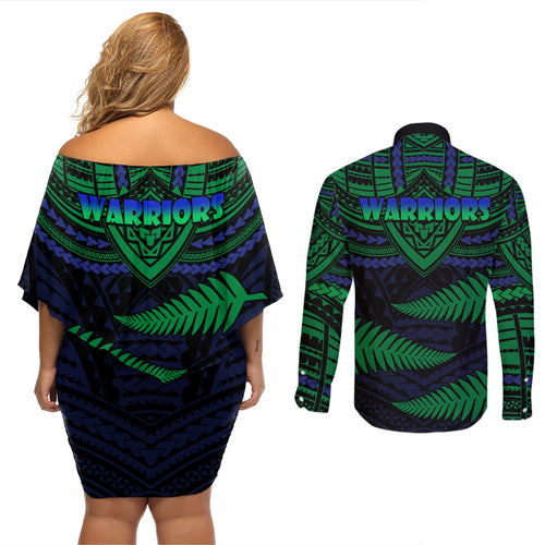 warriors-rugby-couples-matching-off-shoulder-short-dress-and-long-sleeve-button-shirts-aotearoa-fern-polynesian-pattern