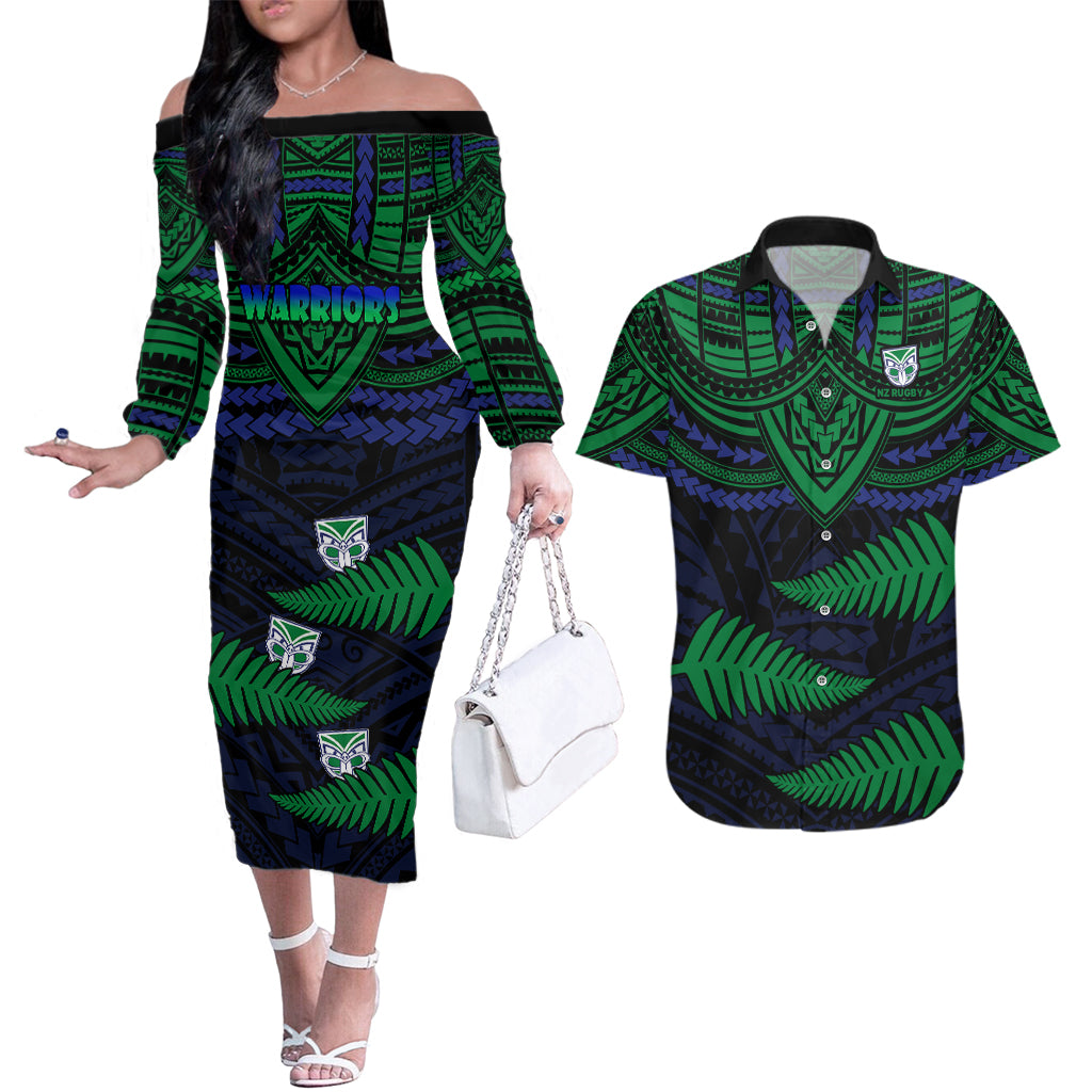 warriors-rugby-couples-matching-off-the-shoulder-long-sleeve-dress-and-hawaiian-shirt-aotearoa-fern-polynesian-pattern