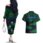 warriors-rugby-couples-matching-off-the-shoulder-long-sleeve-dress-and-hawaiian-shirt-aotearoa-fern-polynesian-pattern