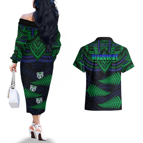 warriors-rugby-couples-matching-off-the-shoulder-long-sleeve-dress-and-hawaiian-shirt-aotearoa-fern-polynesian-pattern