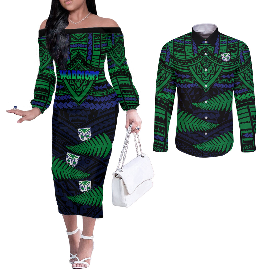 warriors-rugby-couples-matching-off-the-shoulder-long-sleeve-dress-and-long-sleeve-button-shirts-aotearoa-fern-polynesian-pattern